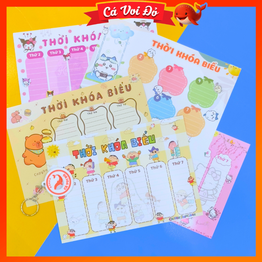 一套 3 張時間表,帶有許多圖片/可愛的草莓熊、Pochacco 小狗、西瓜、橙色、Loopy、Capy para 圖案