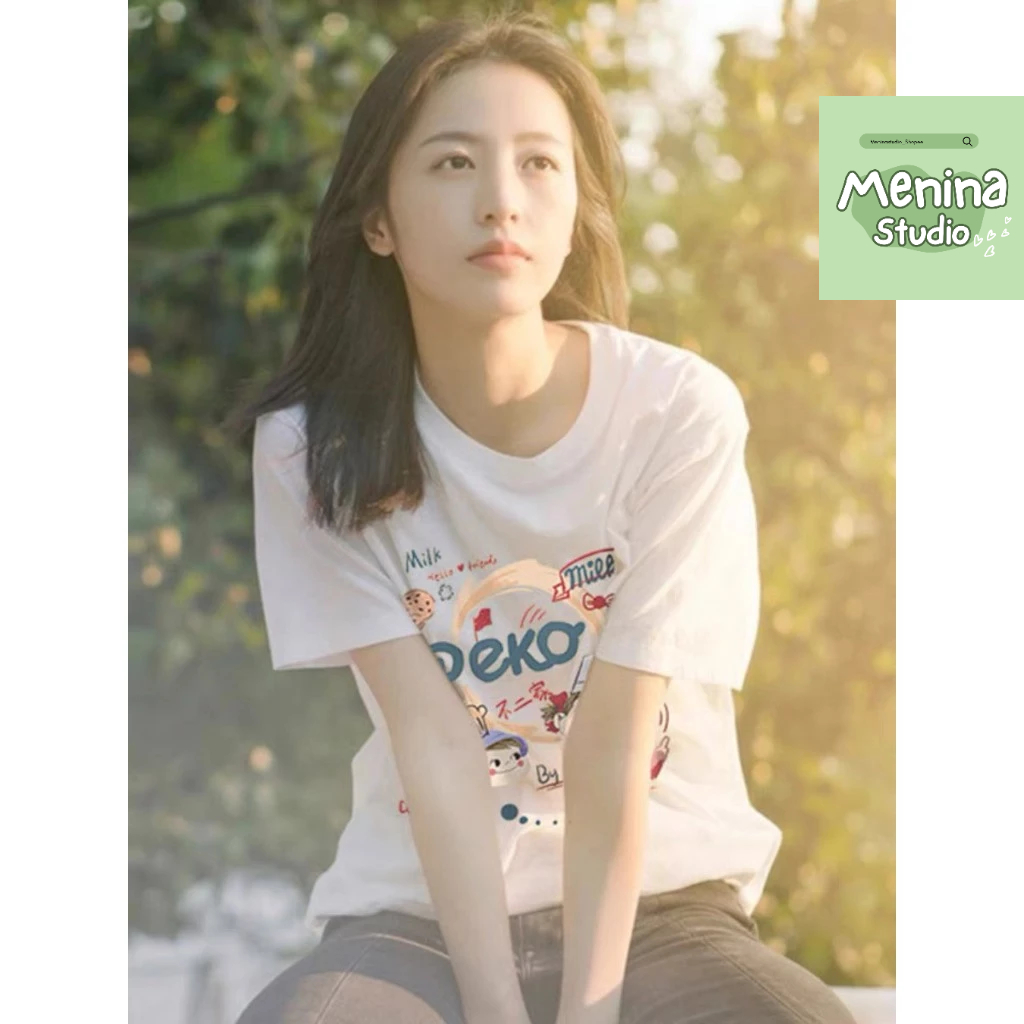 Menina-studio 超美印花 PEKO 女式 T 恤,韓式寬款純棉女式 T 恤