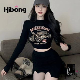 性感長袖露臍上衣修身露臍上衣,韓國時尚印花 Borip T 恤 - HIBONG