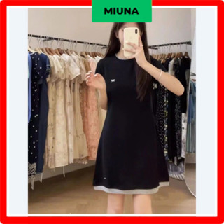 Miuna 短袖彈力直筒連衣裙灰色修邊素色連衣裙刺繡蝴蝶結青春基本款 D80